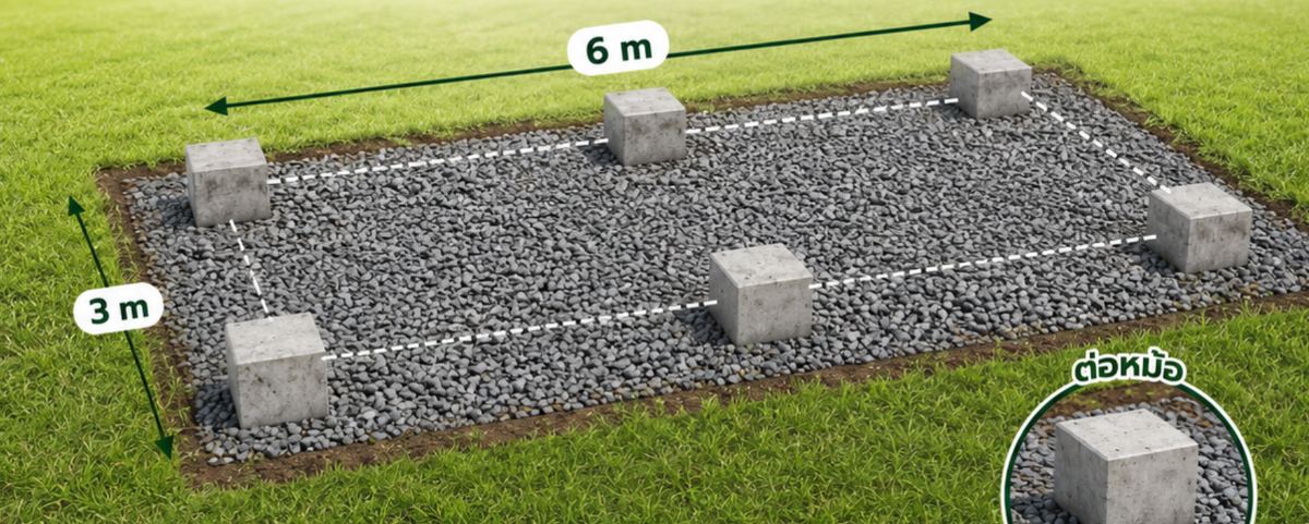 ตำแหน่งการวางฐานราก ตู้สำนักงาน 3x6 เมตร บล็อกคอนกรีต 6 จุด